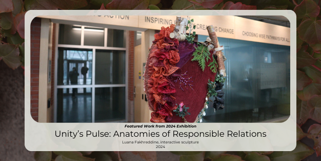Example of a piece of Last Years art titled Unity’s Pulse: Anatomies of Responsible Relations. Anatomic Heart sculpture suspended in the air.
