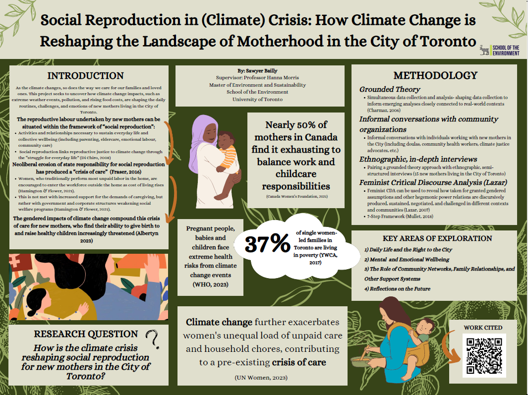 Research poster with information on how climate change impacts new mothers