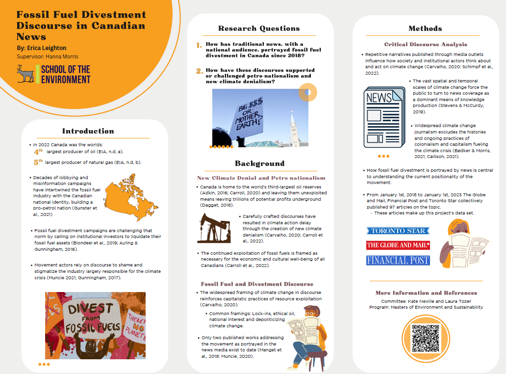 Research poster with information on fossil fuel divestment discourse in Canadian news