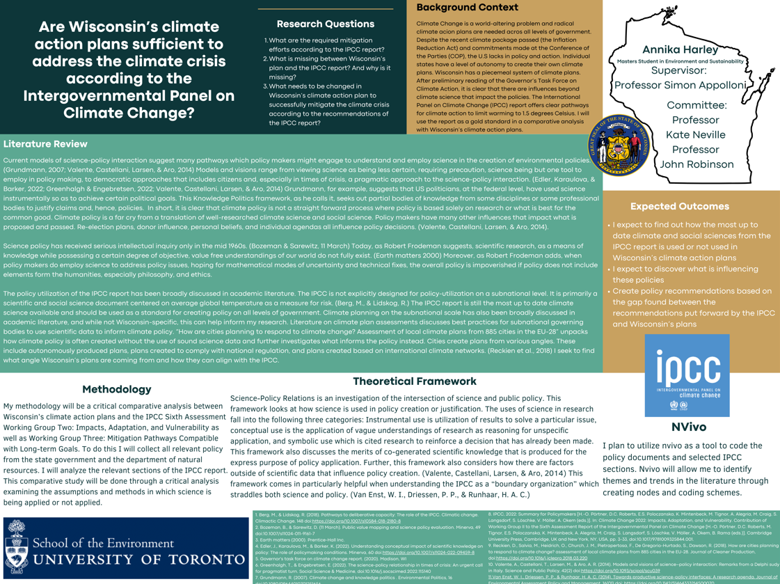 Research poster with information on Wisconsin's climate action plans to address the climate crisis